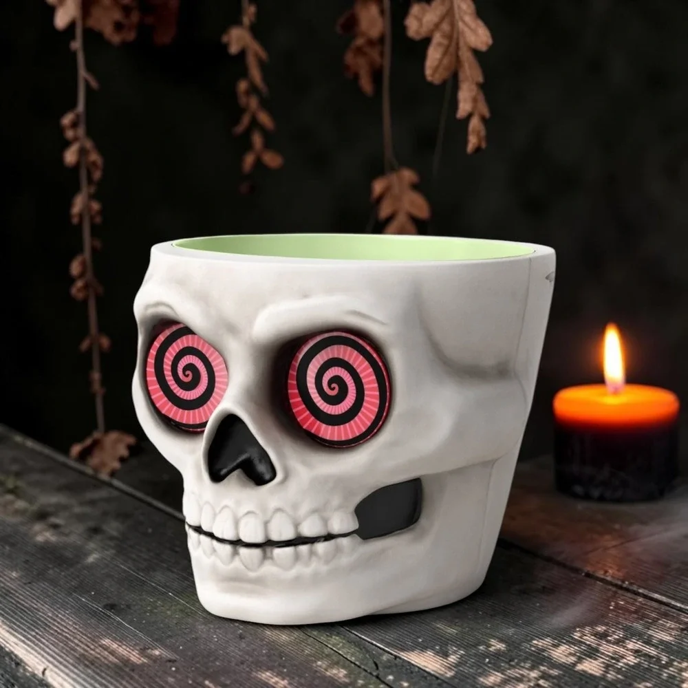 Halloween Skull Candy Bowl Glow Red Spiral Eyes White Ceramic Planter Decor